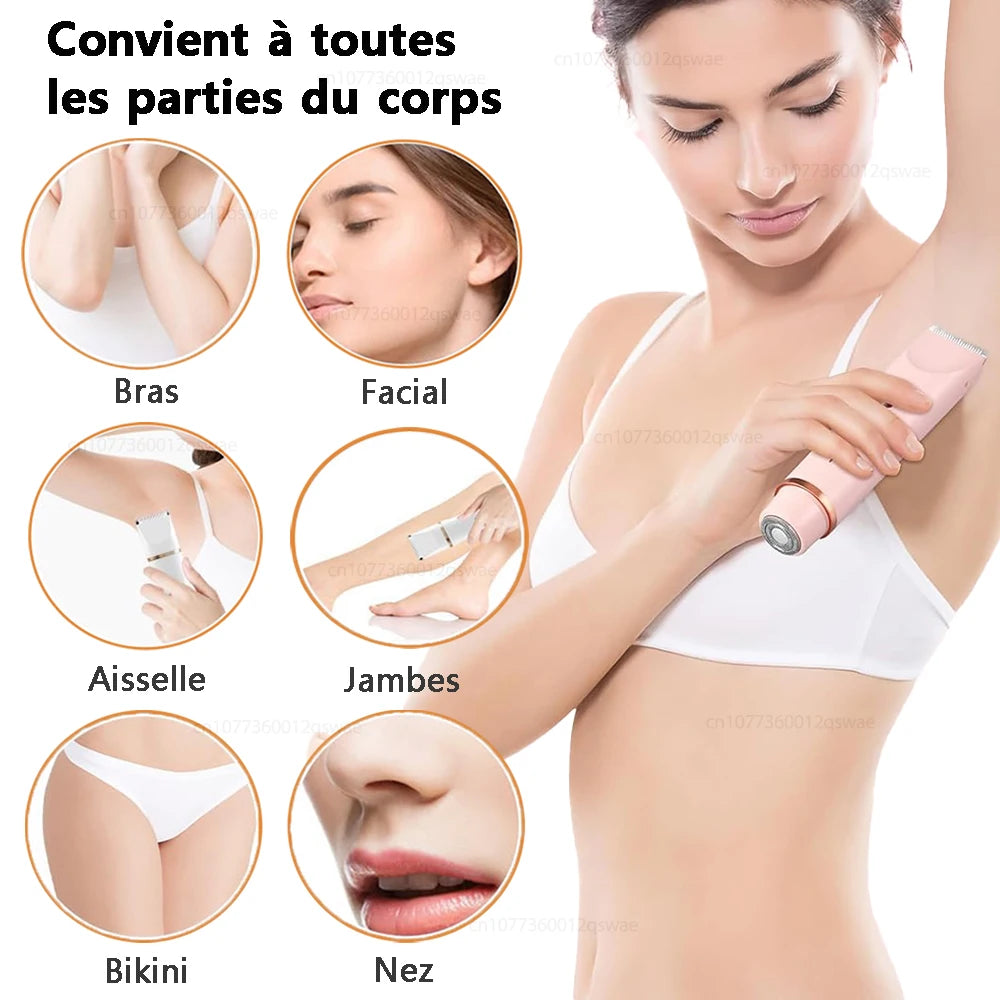 Rasoir électrique pour femme, double tête, double usage, épilateur pour le corps, les jambes, les aisselles et le maillot. Tondeuse électrique pour le rasage et l'épilation.