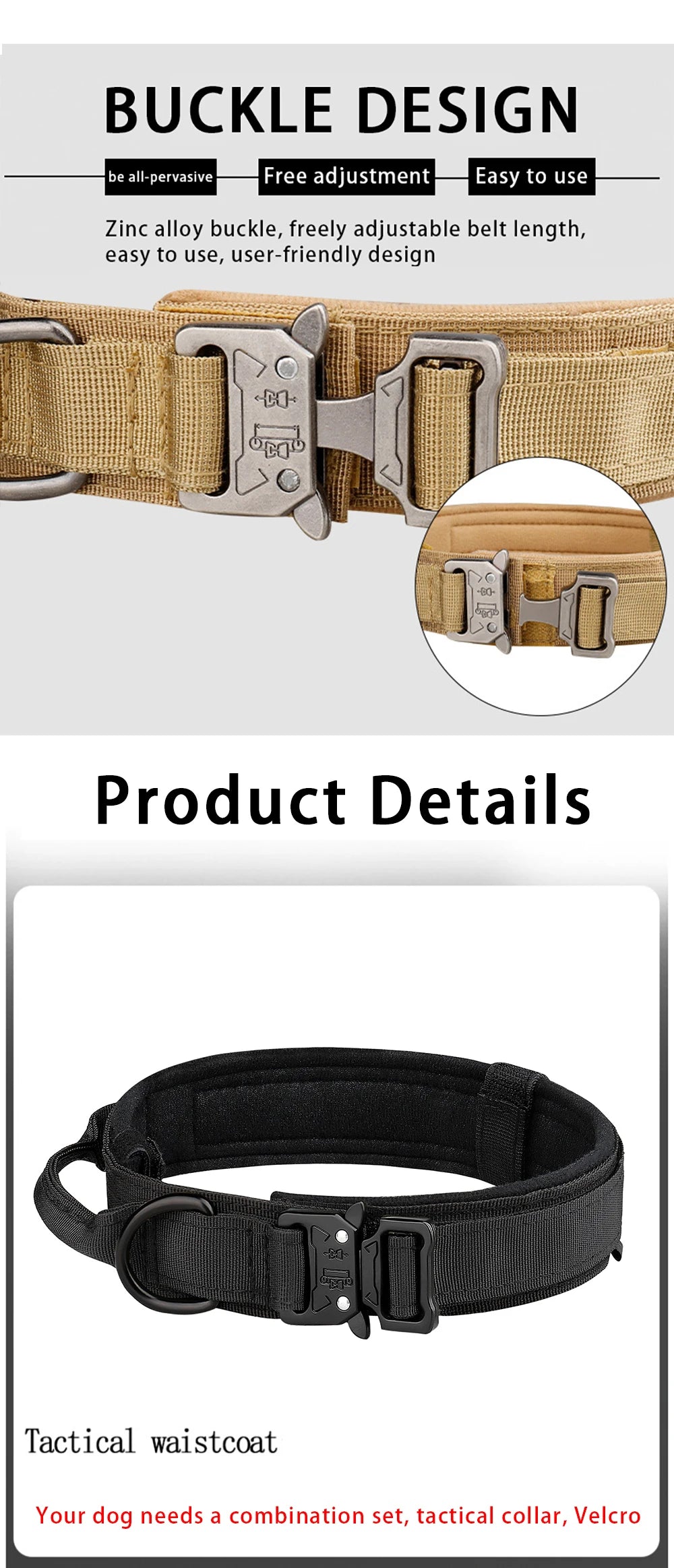 Collier tactique d'extérieur pour chien avec boucle en métal et nylon respirant, collier de dressage pour chien de taille moyenne et grande