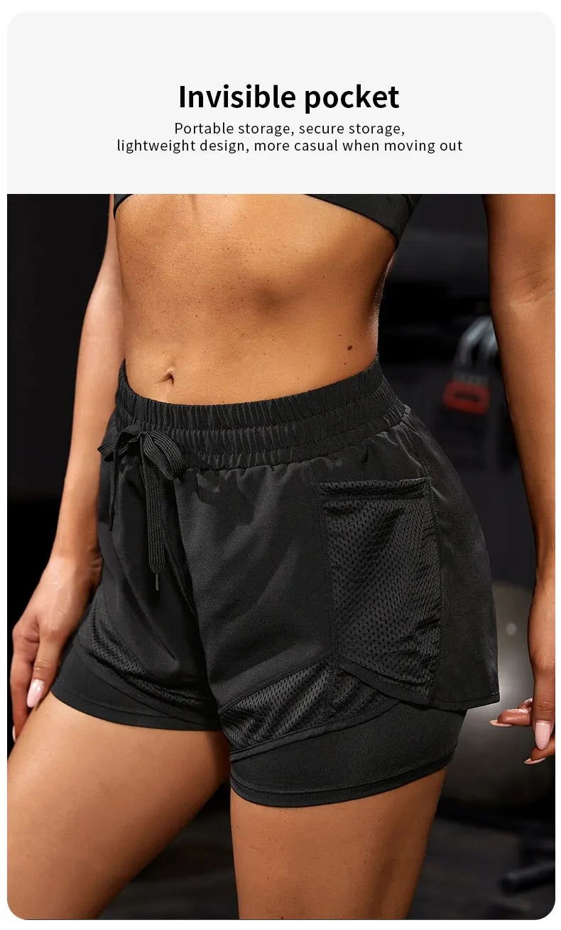 Short de sport élastique pour femme, short avec poches, faux legging de yoga deux pièces pour la course et l'entraînement
