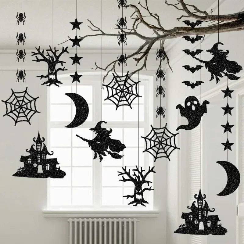 Lot de 6 guirlandes à suspendre pour Halloween, motif araignée, sorcière, fantôme, chauve-souris, décorations pour la maison
