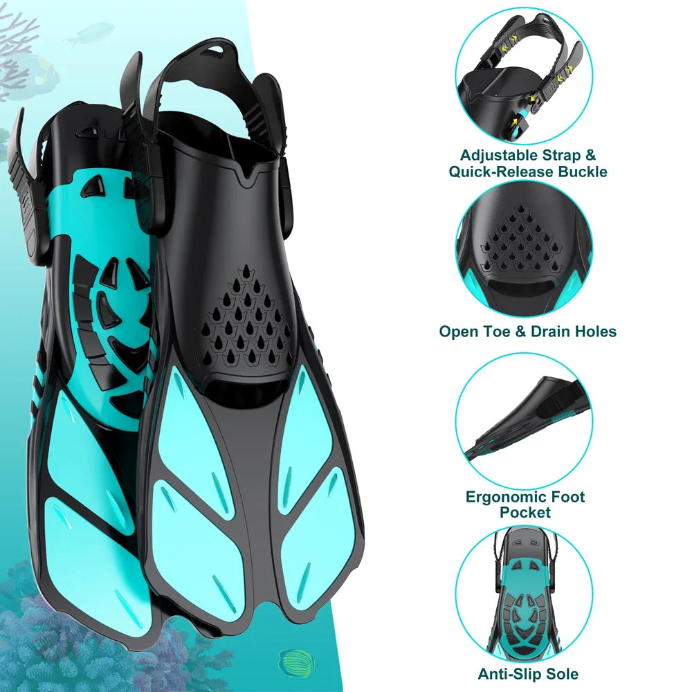 Palmes de plongée avec tuba, boucles réglables, palmes de natation, chaussures de plongée courtes en silicone, talon ouvert, taille de voyage, adulte, homme, femme