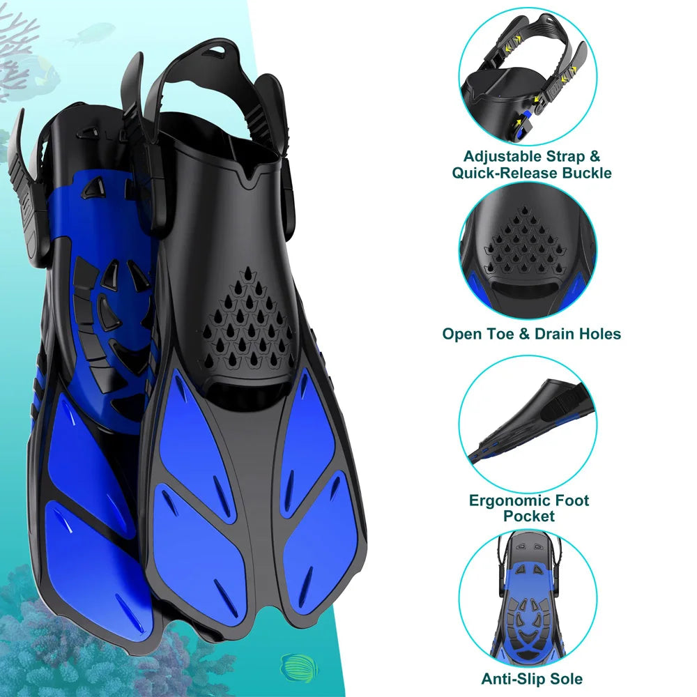Palmes de plongée avec tuba, boucles réglables, palmes de natation, chaussures de plongée courtes en silicone, talon ouvert, taille de voyage, adulte, homme, femme