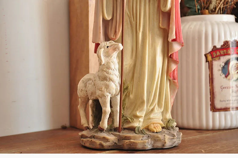 Figurine du Saint-Père Jésus, récits bibliques catholiques tenant un mouton, ornement pour la décoration de la maison ou du bureau, statue de croyance religieuse