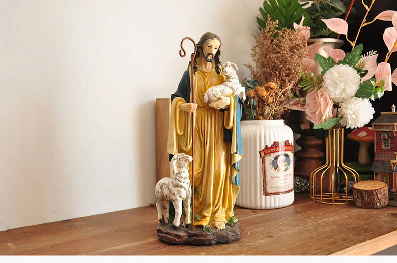 Figurine du Saint-Père Jésus, récits bibliques catholiques tenant un mouton, ornement pour la décoration de la maison ou du bureau, statue de croyance religieuse