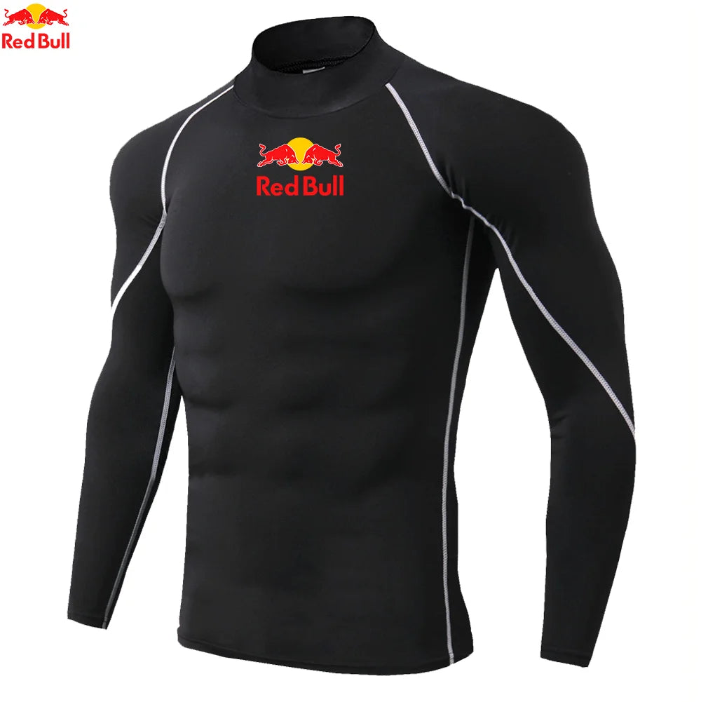 T-shirts de sport pour hommes, entraînement, exercice, compression, fitness, manches longues, sport, Red Bull, séchage rapide, serré, vêtements de sport