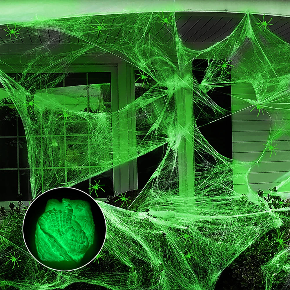 Toiles d'araignée fluorescentes pour Halloween, toiles d'araignée phosphorescentes, toiles d'araignée d'Halloween, décorations d'horreur en plein air