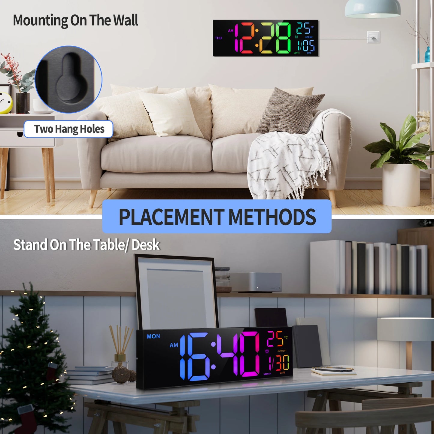 Horloge murale numérique de 16 pouces, grand écran LED avec télécommande, 8 couleurs RVB, alarme, heure d'été, température pour salon et cuisine.