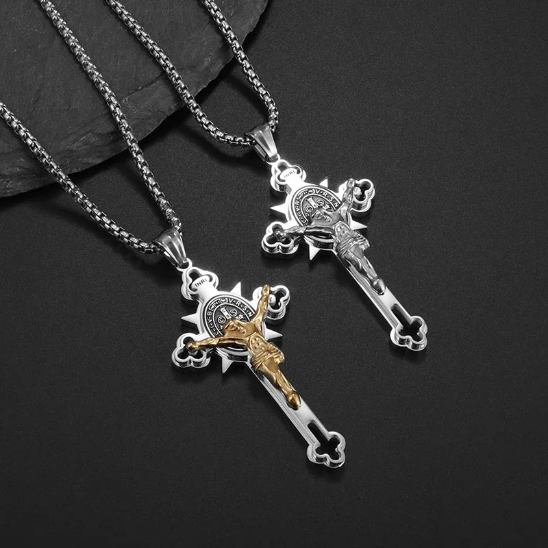 Collier pendentif croix de Saint Benoît Jésus pour hommes et femmes, amulette religieuse chrétienne catholique en acier inoxydable