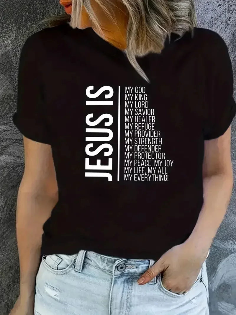 T-shirt graphique « Jésus est la foi » pour femme, vêtement à manches courtes, décontracté, estival et tendance, style streetwear
