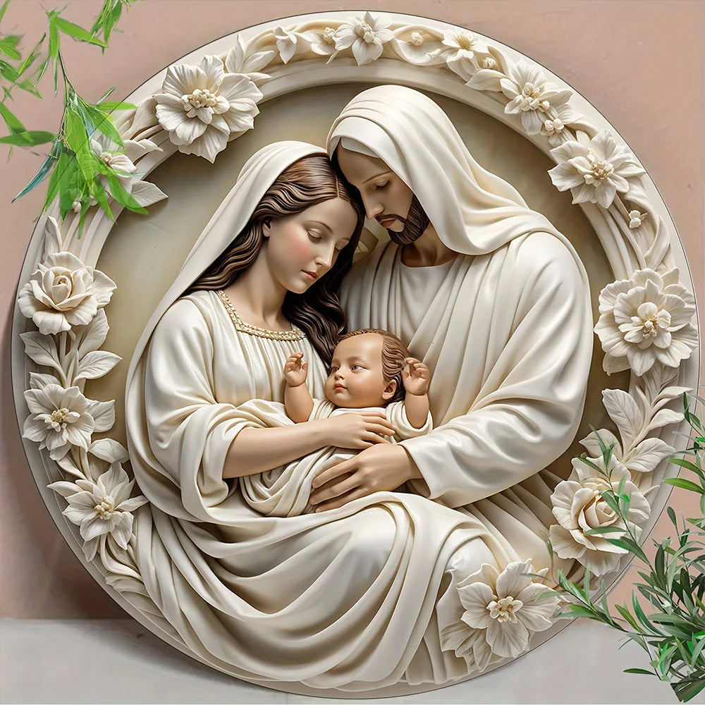 Crèche classique en bois représentant la Sainte Famille (Marie, Jésus et Joseph), décoration murale.