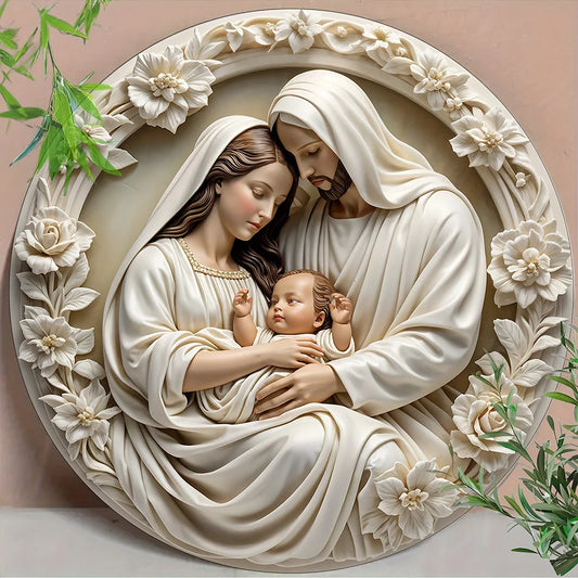 Crèche classique en bois représentant la Sainte Famille (Marie, Jésus et Joseph), décoration murale.