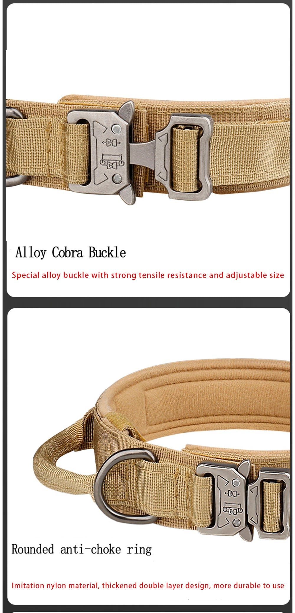 Collier tactique d'extérieur pour chien avec boucle en métal et nylon respirant, collier de dressage pour chien de taille moyenne et grande