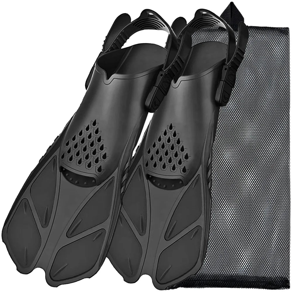 Palmes de plongée avec tuba, boucles réglables, palmes de natation, chaussures de plongée courtes en silicone, talon ouvert, taille de voyage, adulte, homme, femme