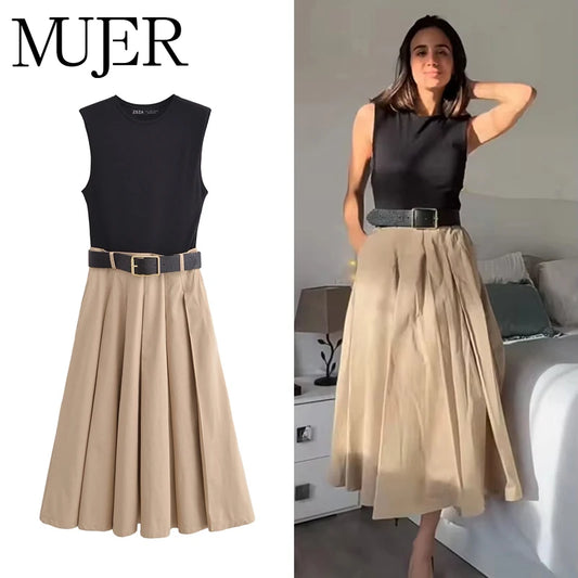 Robe midi plissée avec ceinture pour femme, robe d'été sans manches, robe de soirée tricotée pour femme, robe d'été