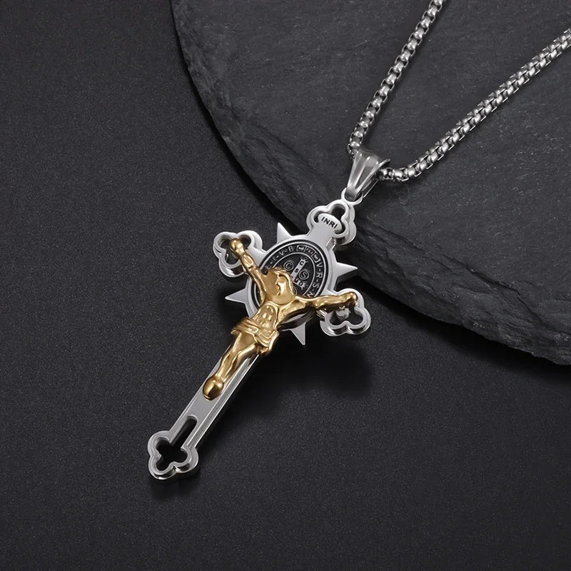 Collier pendentif croix de Saint Benoît Jésus pour hommes et femmes, amulette religieuse chrétienne catholique en acier inoxydable