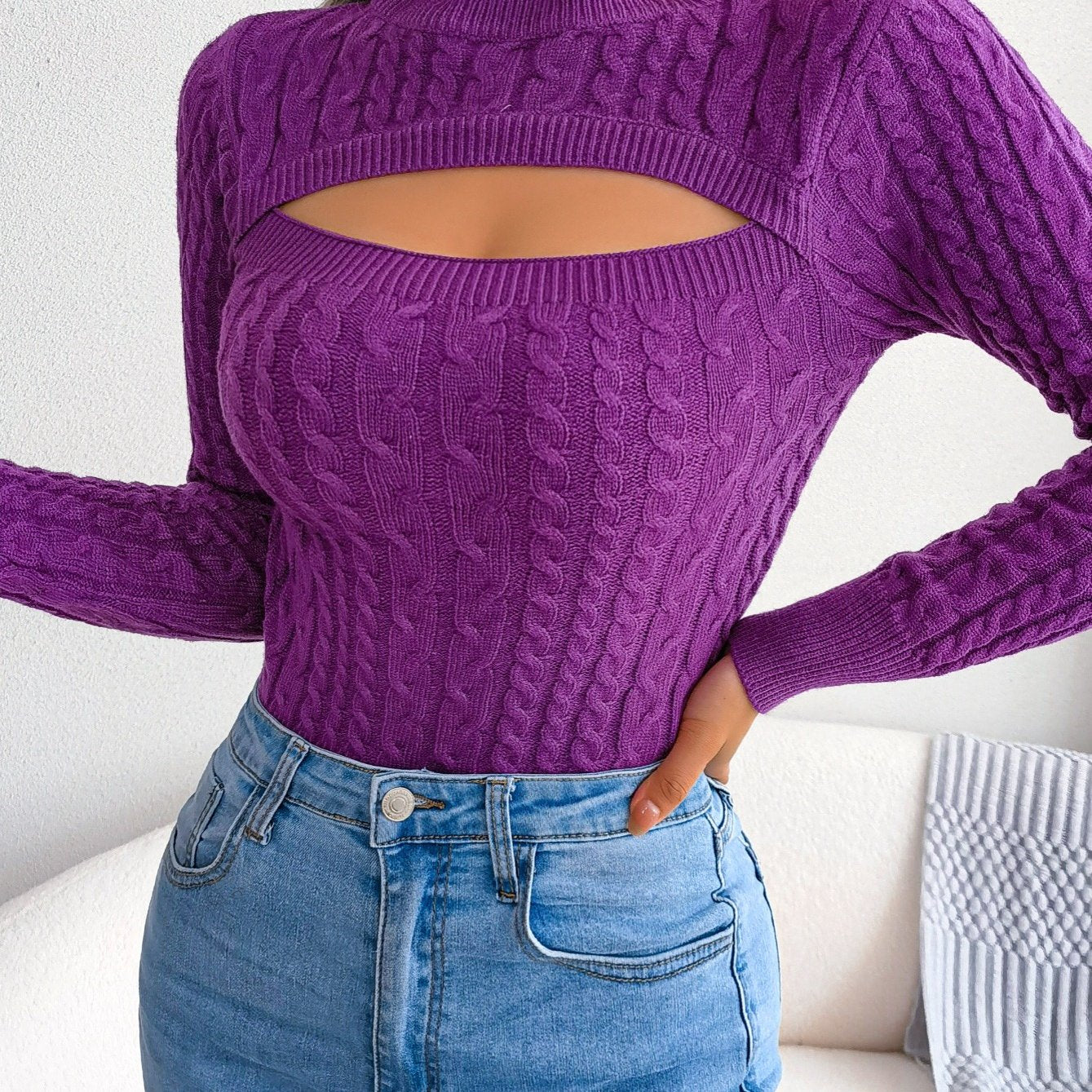 Pull sexy en maille ajourée pour femme, manches longues, col rond, coupe ajustée, mélange acrylique (28 % polyester, 22 % polyamide, 28 % viscose), tissu très extensible, couleur unie, top tendance printemps/automne