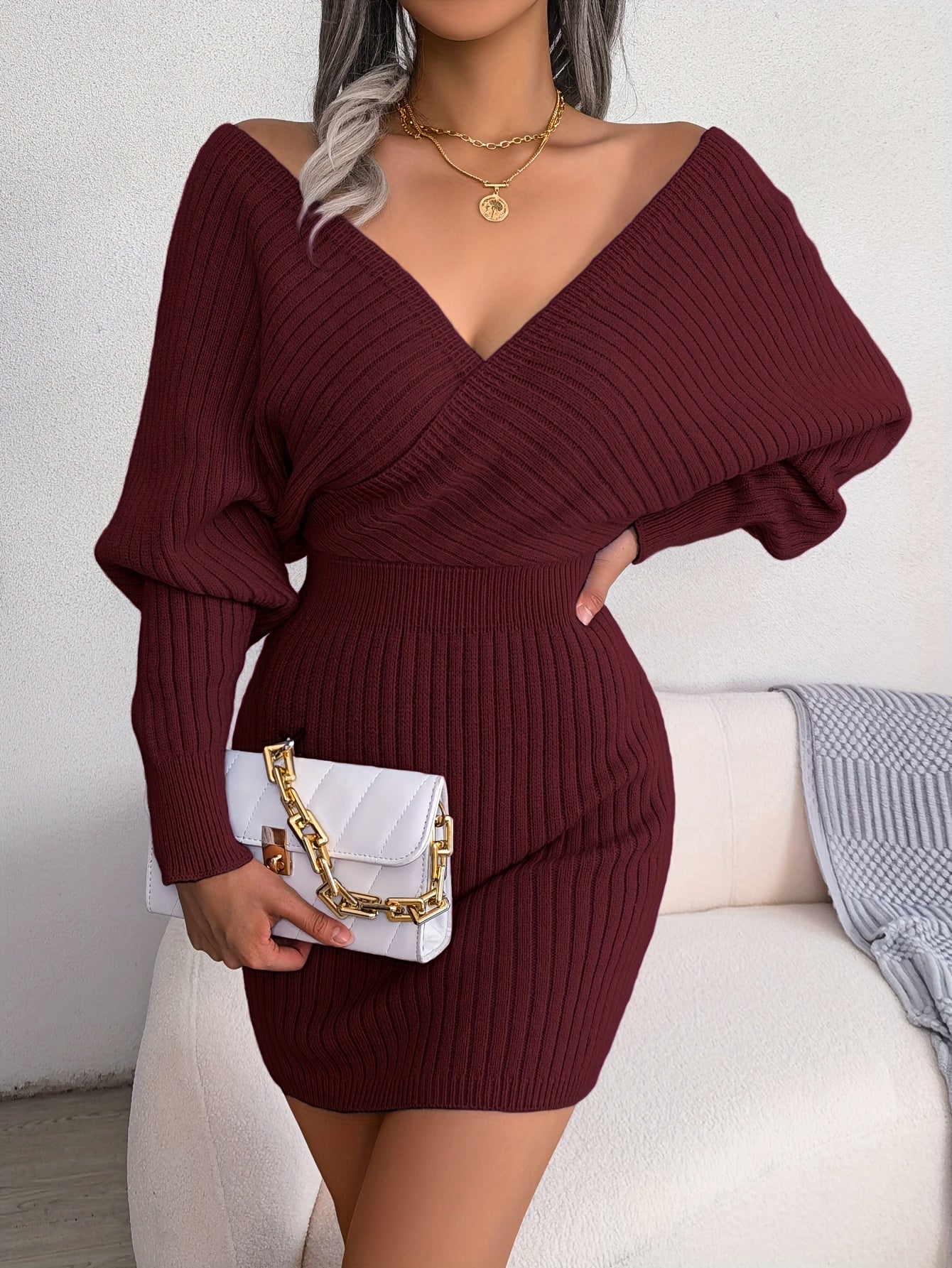 Robe pull moulante sexy à col en V croisé, manches chauve-souris, col croisé uni, robes sexy croisées, vêtements pour femmes