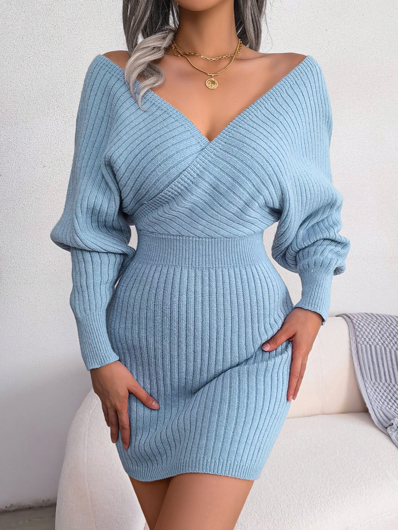 Robe pull moulante sexy à col en V croisé, manches chauve-souris, col croisé uni, robes sexy croisées, vêtements pour femmes