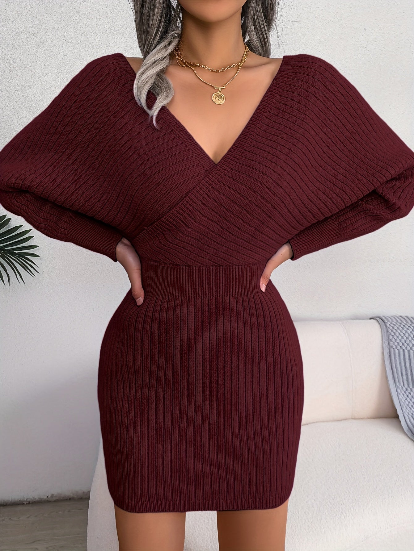 Robe pull moulante sexy à col en V croisé, manches chauve-souris, col croisé uni, robes sexy croisées, vêtements pour femmes