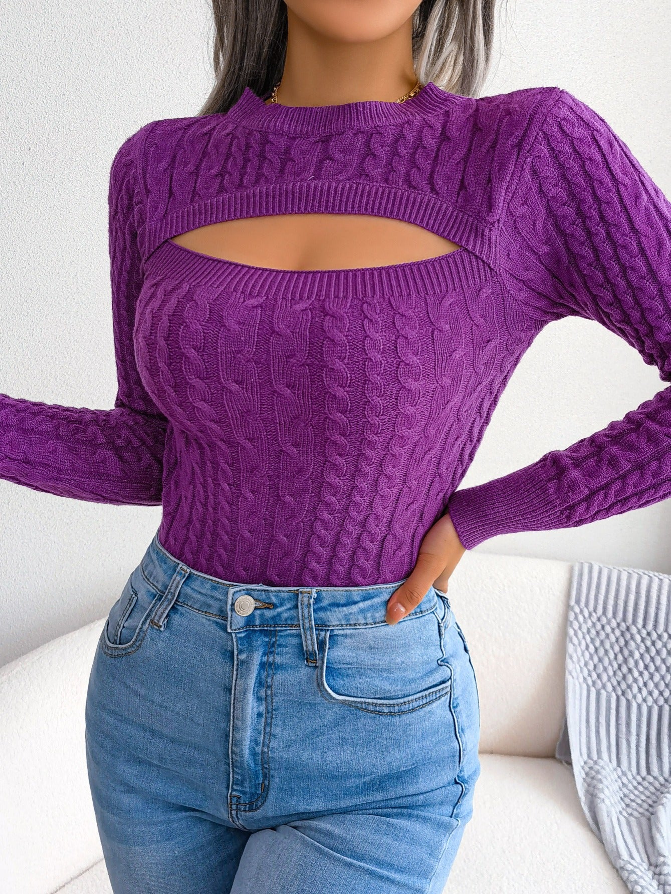 Pull sexy en maille ajourée pour femme, manches longues, col rond, coupe ajustée, mélange acrylique (28 % polyester, 22 % polyamide, 28 % viscose), tissu très extensible, couleur unie, top tendance printemps/automne