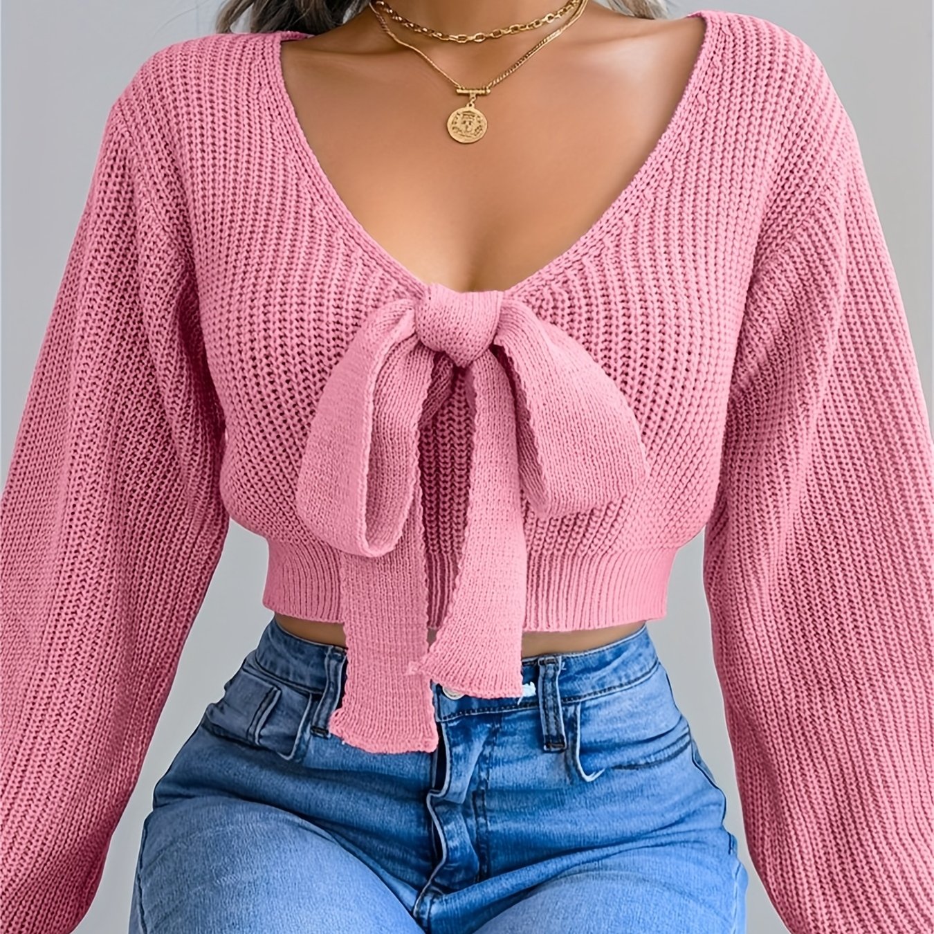 Pull femme automne-hiver à col V et manches lanternes - Vert olive uni, orné d'un nœud papillon - Coupe classique et décontractée - Tissu extensible moyen - Manches courtes - Idéal pour une tenue décontractée - Pull m