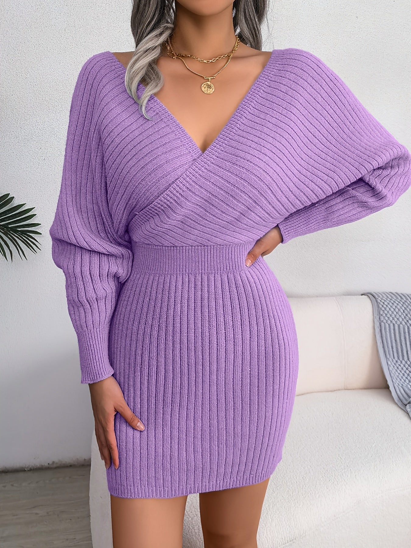 Robe pull moulante sexy à col en V croisé, manches chauve-souris, col croisé uni, robes sexy croisées, vêtements pour femmes