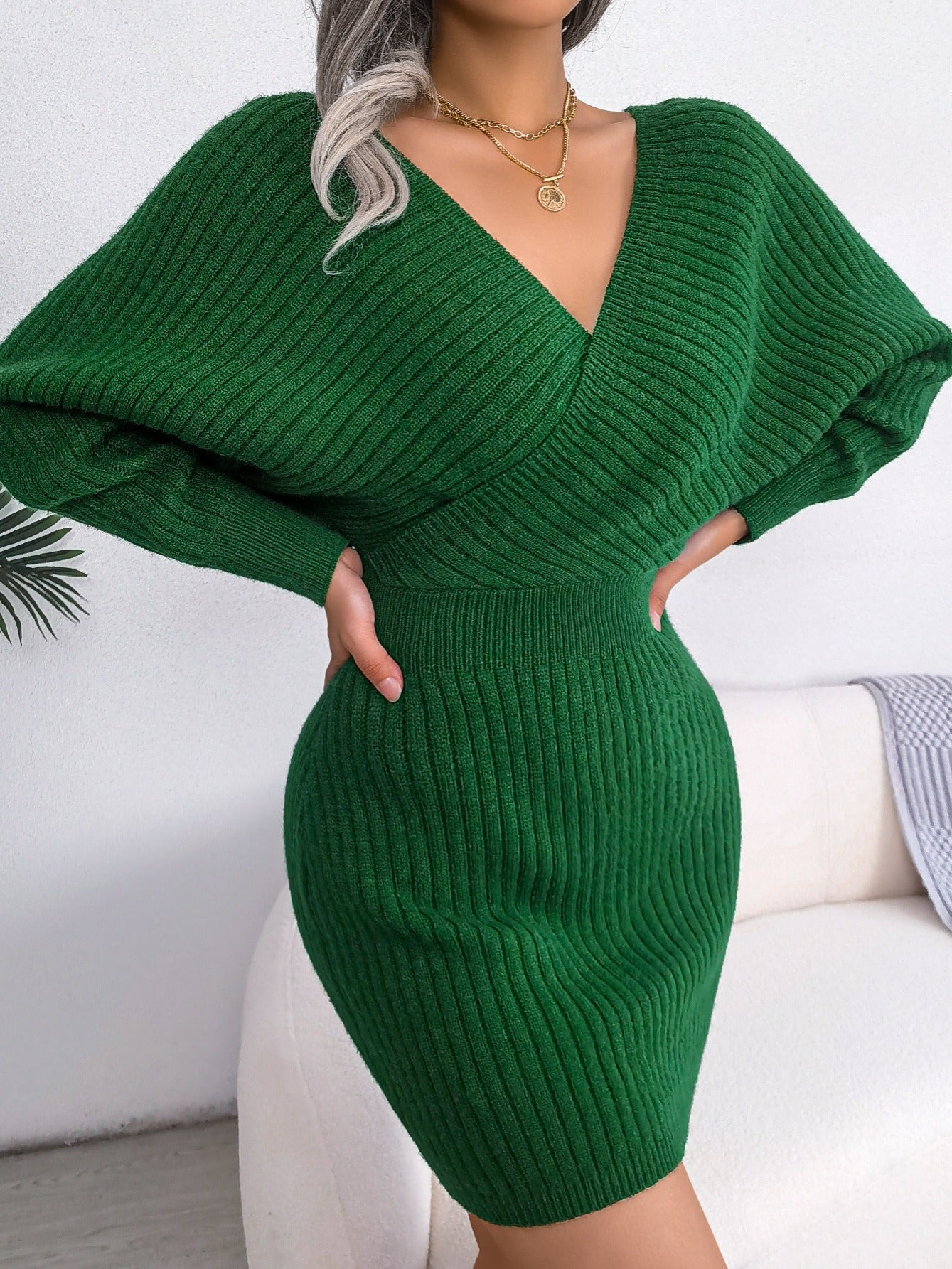 Robe pull moulante sexy à col en V croisé, manches chauve-souris, col croisé uni, robes sexy croisées, vêtements pour femmes