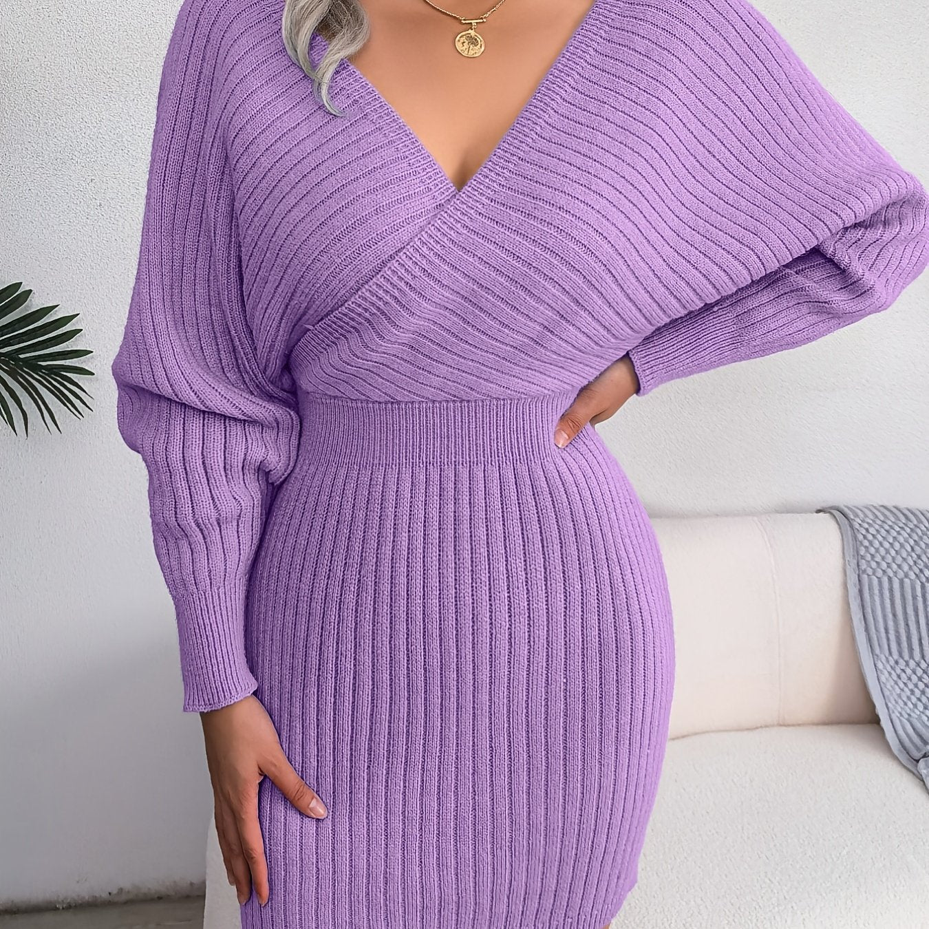 Robe pull moulante sexy à col en V croisé, manches chauve-souris, col croisé uni, robes sexy croisées, vêtements pour femmes