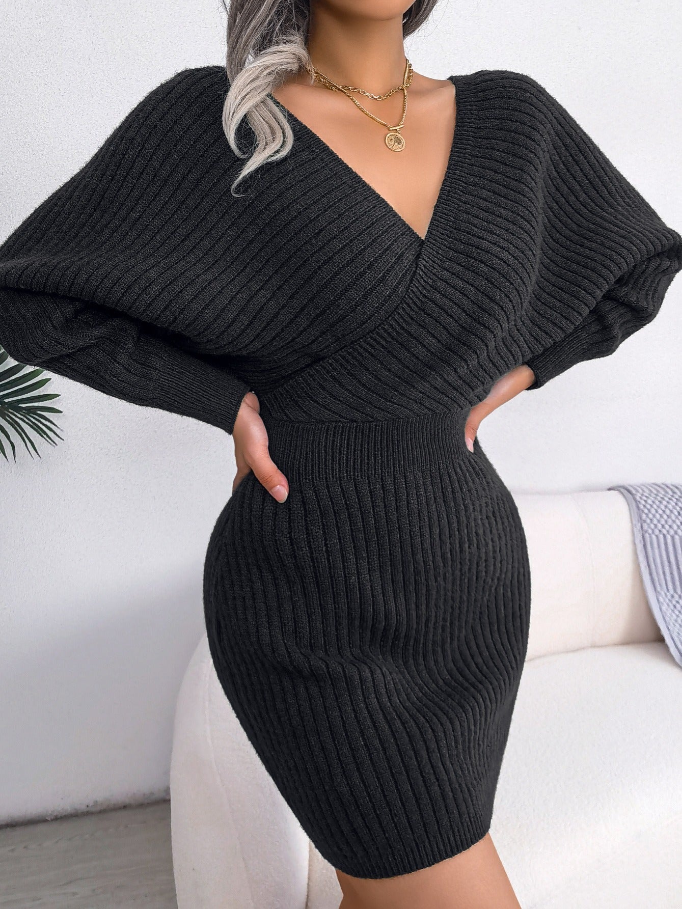 Robe pull moulante sexy à col en V croisé, manches chauve-souris, col croisé uni, robes sexy croisées, vêtements pour femmes